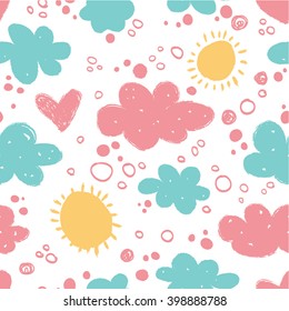 Seamless sky background with clouds and sun.
