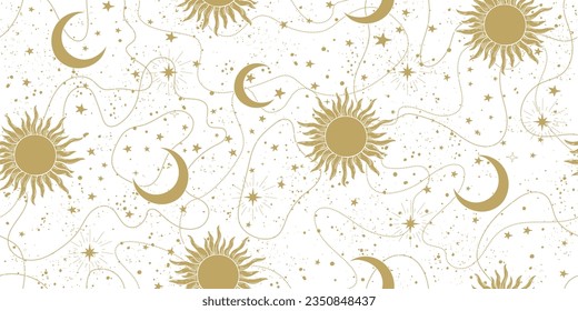 Seamless sky background with golden stars, sun and moon on a white background. Astrology banner, pattern for tarot, boho ornament for zodiac. Flat esoteric vector illustration.