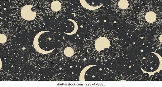 Seamless sky background with stars, sun and moon on a black background. Astrological celestial pattern for tarot, boho ornament for zodiac. Vector illustration for a witch.