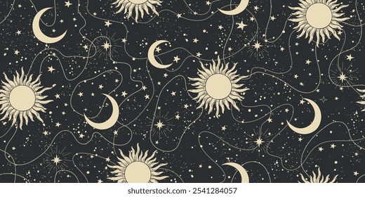 Seamless sky background with stars, sun and moon. Black and gold seamless astrological pattern for tarot, boho ornament for zodiac. Vector illustration.