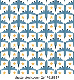 Design de céu perfeito com aeronaves de desenho animado com estrelas. Padrão de viagem do avião