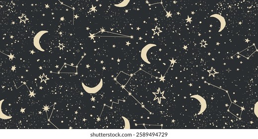 Seamless sky pattern with stars and moon on black background, astrology background for zodiac signs, tarot vector art, boho packaging. Magic space background.