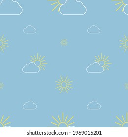 Seamless sky pattern with sun and cloud. Vector illustration with cloud and sun. Pattern background for cards, posters, banners and other design. 