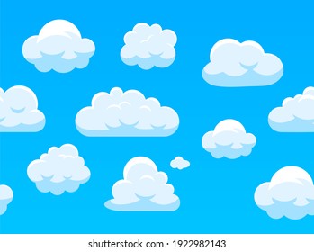 Seamless sky with white clouds. Cartoon blue skyscape border for computer game. Fluffy clouds, bright weather heavens background vector texture for kids, nursery wallpaper or fabric design