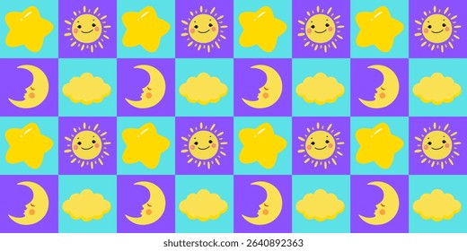 Seamless sky-themed background pattern featuring stars, sun, clouds, and moon. Ideal for kids products, wallpapers, fabric, wrapping paper, and cute decorative design projects.
