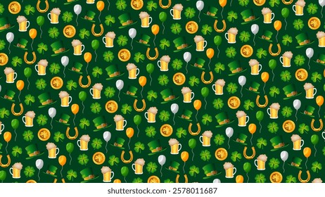 A seamless, slanted pattern featuring shamrocks, leprechaun hats, beer mugs, horseshoes, gold coins, and balloons against a vibrant green backdrop, perfect for St. Patricks Day festivities.