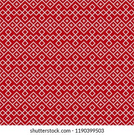 Seamless Slavic ethnic pattern on saturated red backdrop. The swatch is included.