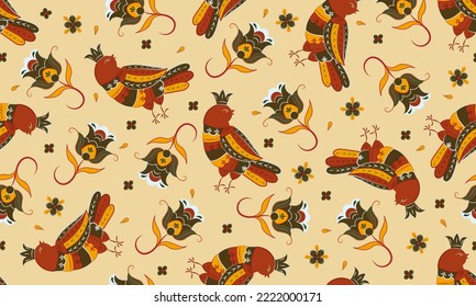 Seamless slavic russian pattern. Birds and flower floral folk background. Orange ornamental wrapping paper and textile design