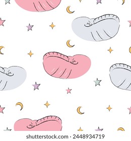 Seamless sleeping cats pattern vector illustration on white background. Night pattern with cats,stars and moon.Hand drawn pattern.