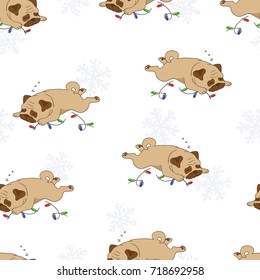 Seamless sleeping pugs and Christmas lights pattern. Vector holiday background with cute dogs.