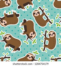 seamless sleeping sloth and polka dots vector pattern background. cute animal pattern