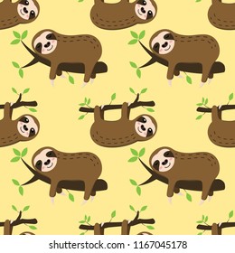 Seamless Sleeping Sloth Vector Pattern Background