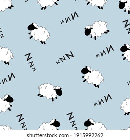 Seamless sleepy sheep pattern on light background.