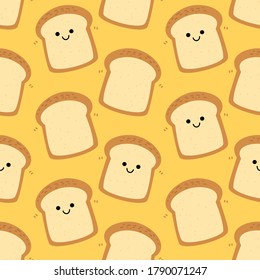 Seamless with slice of bread  isolated on yellow background vector. Cute cartoon food pattern, flat design.