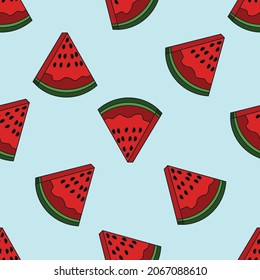Seamless Slice Watermelon pattern on blue sky background.,Vector illustration.