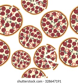 Seamless of sliced fresh salami pizza over white background