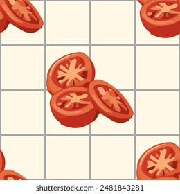 Seamless sliced tomato pattern on cream grid background for autumn harvest decor