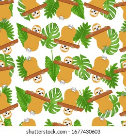 Seamless sloth pattern with tropical leaves. Tropical animals pattern. Background with sloths and tropical leaves on white background.