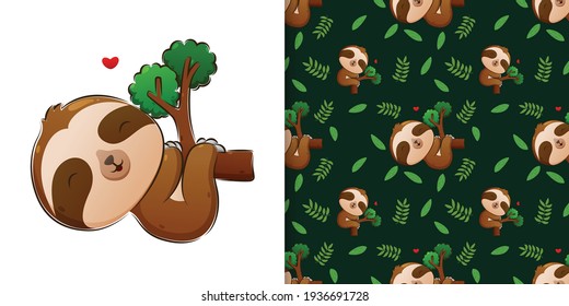 The seamless of the sloth sleeping and hanging on the branch of the tree of illustration