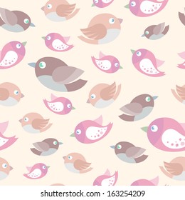 Seamless small birds pattern. Light background in pale pink and beige colors.