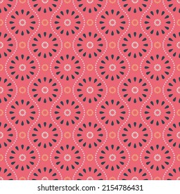 Seamless small colorful floral pattern on pink background. Simple floral and dot lines vector pattern.