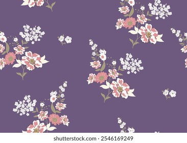 seamless small flower bunch pattern isolated on purole background.vector small flowers with leaves.Seamless ditsy pattern in small cute wild flowers. design for wallpaper,wraping paper,allover,fabric.