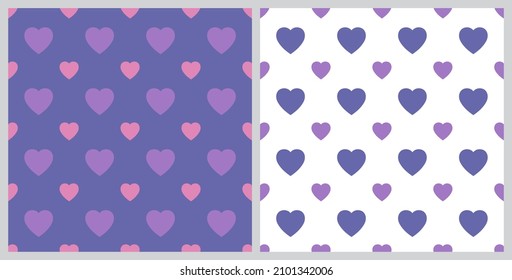 Patrón de fondo de forma cardíaca grande y pequeña sin inconveniente. Tendencia de color del año 2022 Muy Peri. Textura de diseño para tela, azulejos, banner, plantilla, tarjeta, afiche, fondo, pared. Ilustración vectorial.