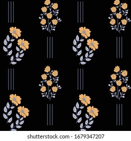 Hojas pequeñas sin soldadura con flor con línea Patrón sobre fondo negro