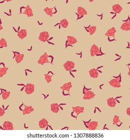 Seamless small scale ditsy vector floral texture chinoiserie pattern background with living coral pomegranate flowers on bright backgound.
