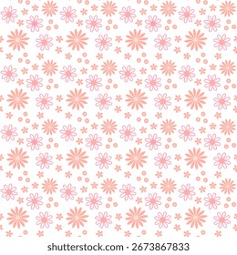 Padrão floral de pequena escala sem costura com margaridas e flores em rosa e bege sobre fundo branco. Perfeito para têxteis e vestuário, artigos de papelaria, papel de presente, scrapbooking e papéis digitais.