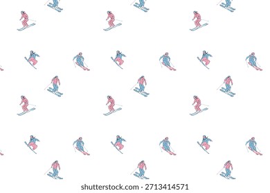 Seamless small scale winter skiing pattern with scattered skier illustrations