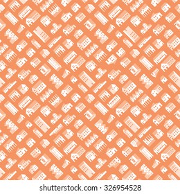 Seamless small town pattern. Monochrome house and building in european styles change color in one click.