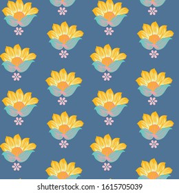 Seamless small vector flower design pattern on blue background.