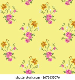 seamless small vector flower design pattern on yellow background