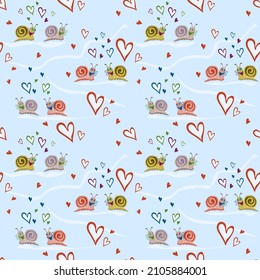 Seamless, small vector pattern about love. Adorable, stylish snails with hearts. Illustration for Valentine's Day, for a declaration of love, for a wedding. Suitable for prints, banners and textiles