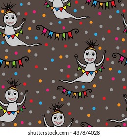 Seamless with smile ghost with small flags in hands. Vector illustration seamless for banner, card, invitation, textile, fabric, wrapping paper.