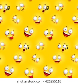 Seamless smiley face pattern with funny facial expressions in continuous yellow background. Vector illustration
