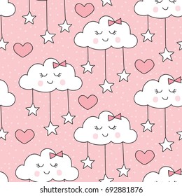 seamless smiling sleeping clouds with stars pattern vector illustration