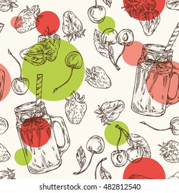 Seamless with smoothie with strawberry and cherry . hand drawn