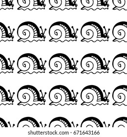 Seamless snail cartoon pattern. Snail race cartoon pattern in thin line style. Set of isolated funny cute decorative elements. Black and white minimalist pattern. Vector doodle illustration.
