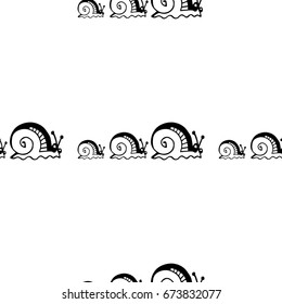 Seamless snail cartoon pattern. Snail race cartoon pattern in thin line style. Set of isolated funny cute decorative elements. Black and white minimalist seamless pattern. Vector doodle illustration.