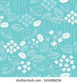 Seamless snail pattern. Light blue background. Vector illustration.