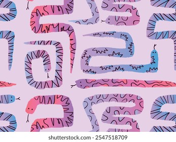 Seamless SNAKE PATTERN with stylized elements. Decorative FLAT DESIGN animals on purple background. Bright colorful VECTOR ILLUSTRATION for textile, wallpaper, or prints.