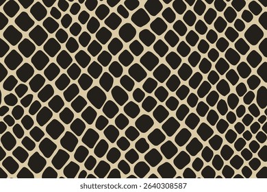 Seamless snake skin pattern featuring uniform rounded black scales on beige color background.