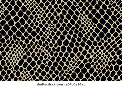 Seamless snake skin pattern featuring dense rounded black scales on beige color background.