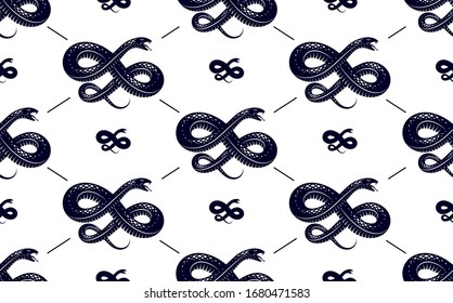 Seamless snakes pattern in vintage drawing style, dangerous poisoned reptiles vector background, endless tiling wallpaper, subculture rock n roll and hard rock theme.