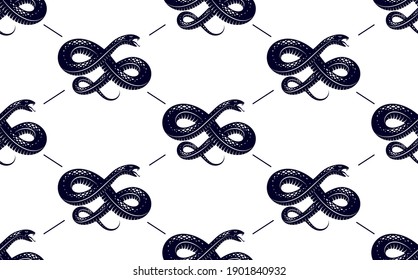 Seamless snakes pattern in vintage drawing style, dangerous poisoned reptiles vector background, endless tiling wallpaper, subculture rock n roll and hard rock theme.