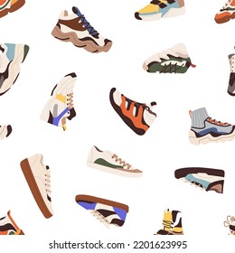 Seamless sneakers pattern. Sport shoes repeating print. Endless background, texture design with fashion modern trainers, gumshoes, trendy sporty footwear. Printable colored flat vector illustration