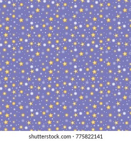 Seamless snow cover. Simple vector white snowflakes, stars on a blue background. Winter illustration of snow.