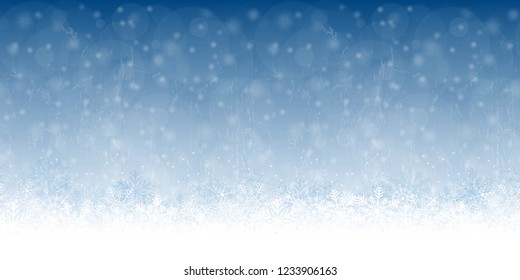 seamless snow flakes on bottom side, abstract fall of snow and blue colored background